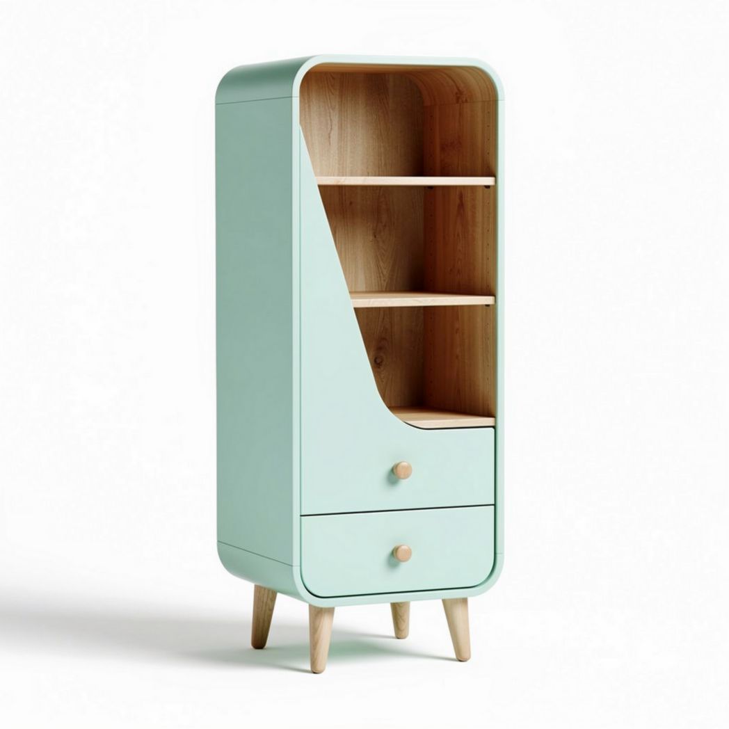 Mint green wooden storage cabinet with two shelves and a drawer 80 x 40 x 30cm