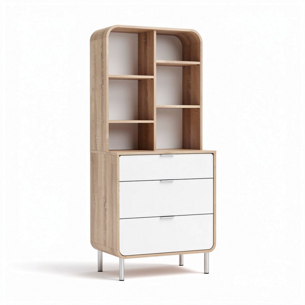 Wooden storage cabinet with open shelves and white drawers 120 x 60 x 30cm