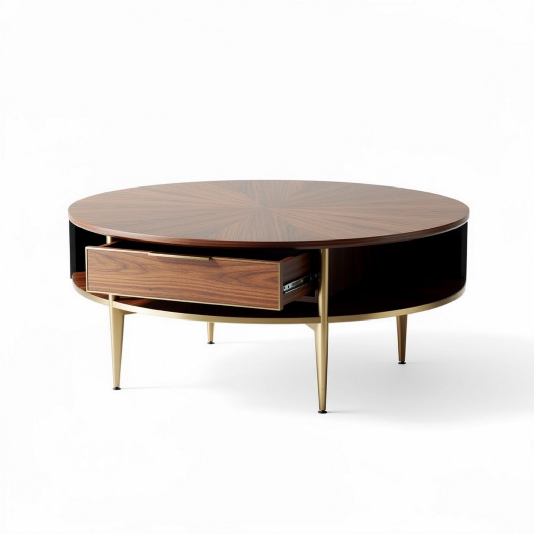 Wooden round coffee table with storage drawer and black finish 90 x 90 x 40cm