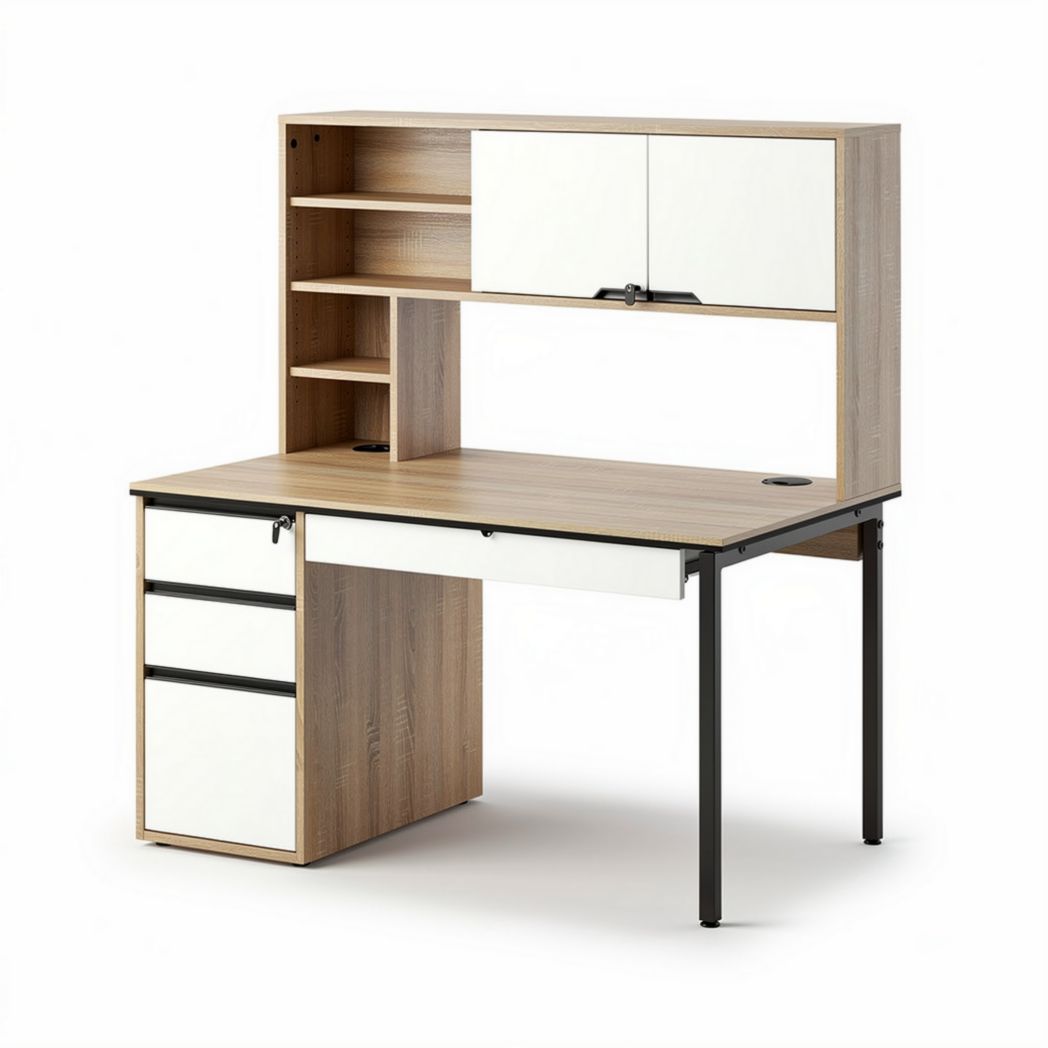 Wooden desk with storage shelves and drawers in light oak finish 120 x 60 x 150cm