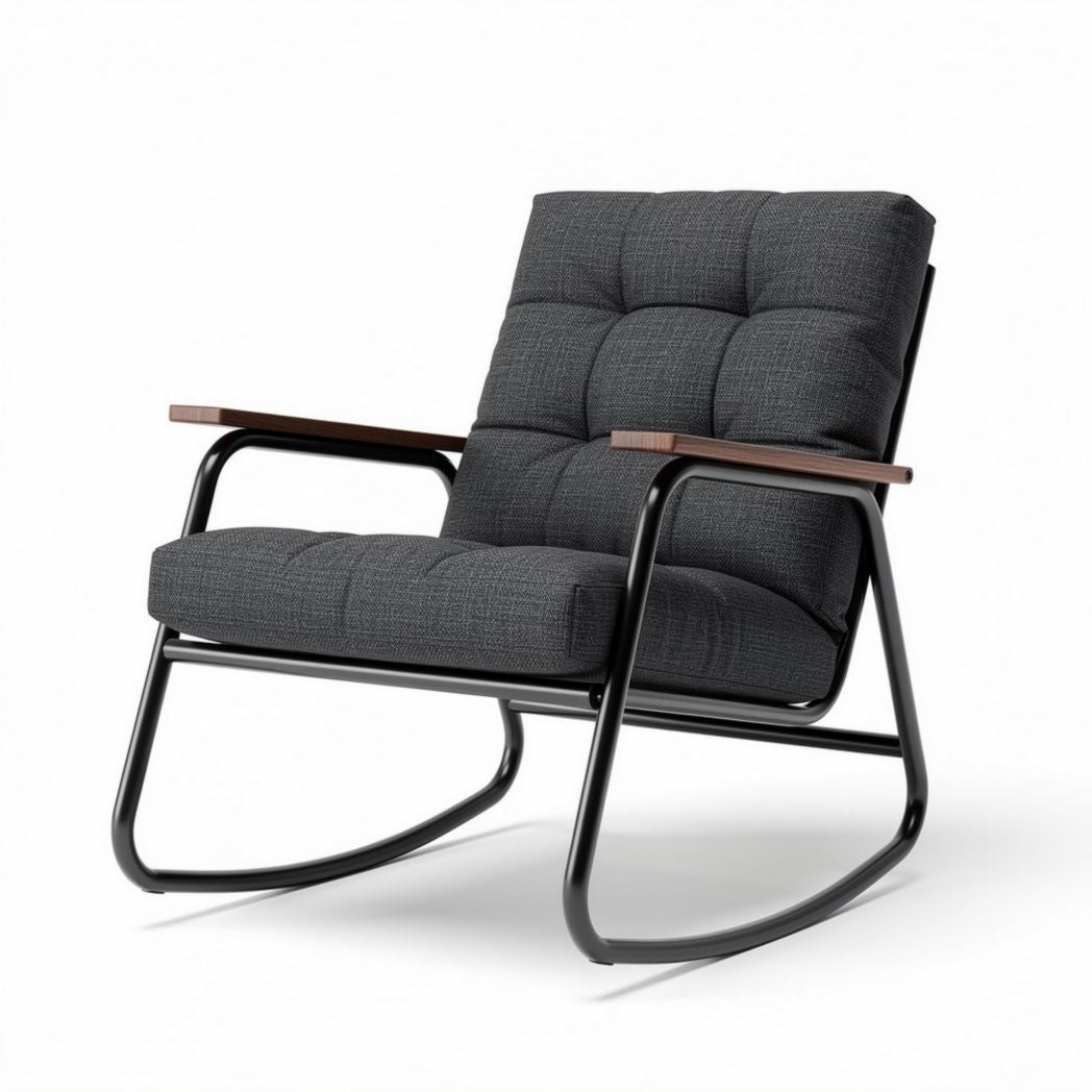 Rocking chair with padded fabric upholstery and metal frame in dark grey