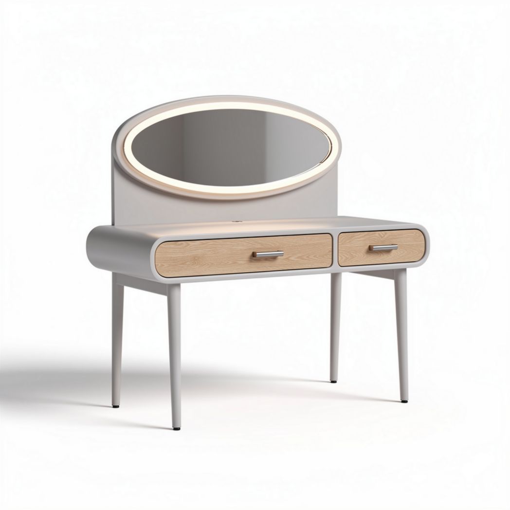 Modern vanity table with oval mirror and two drawers in white and wood finish
