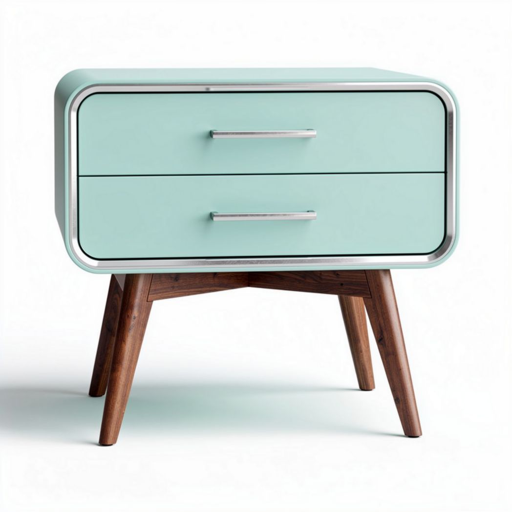 Retro bedside table in mint green with wooden legs and two drawers