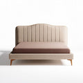 Upholstered bed frame with wooden legs and beige fabric queen size 200 x 160 x 100cm