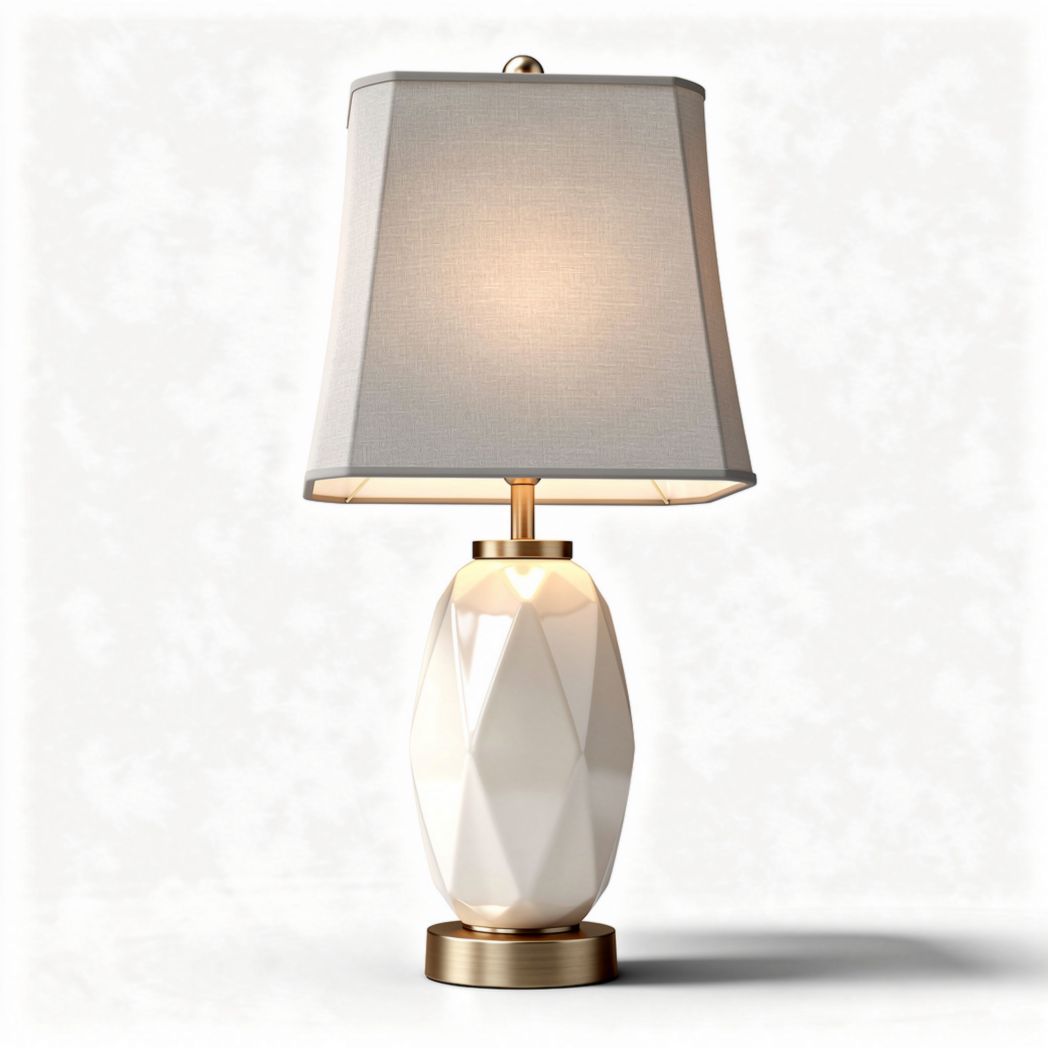 Modern table lamp with geometric white ceramic base and fabric shade 25 x 25 x 40cm