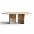 Marble oval dining table with sturdy base in natural beige color 200 x 100 x 75cm