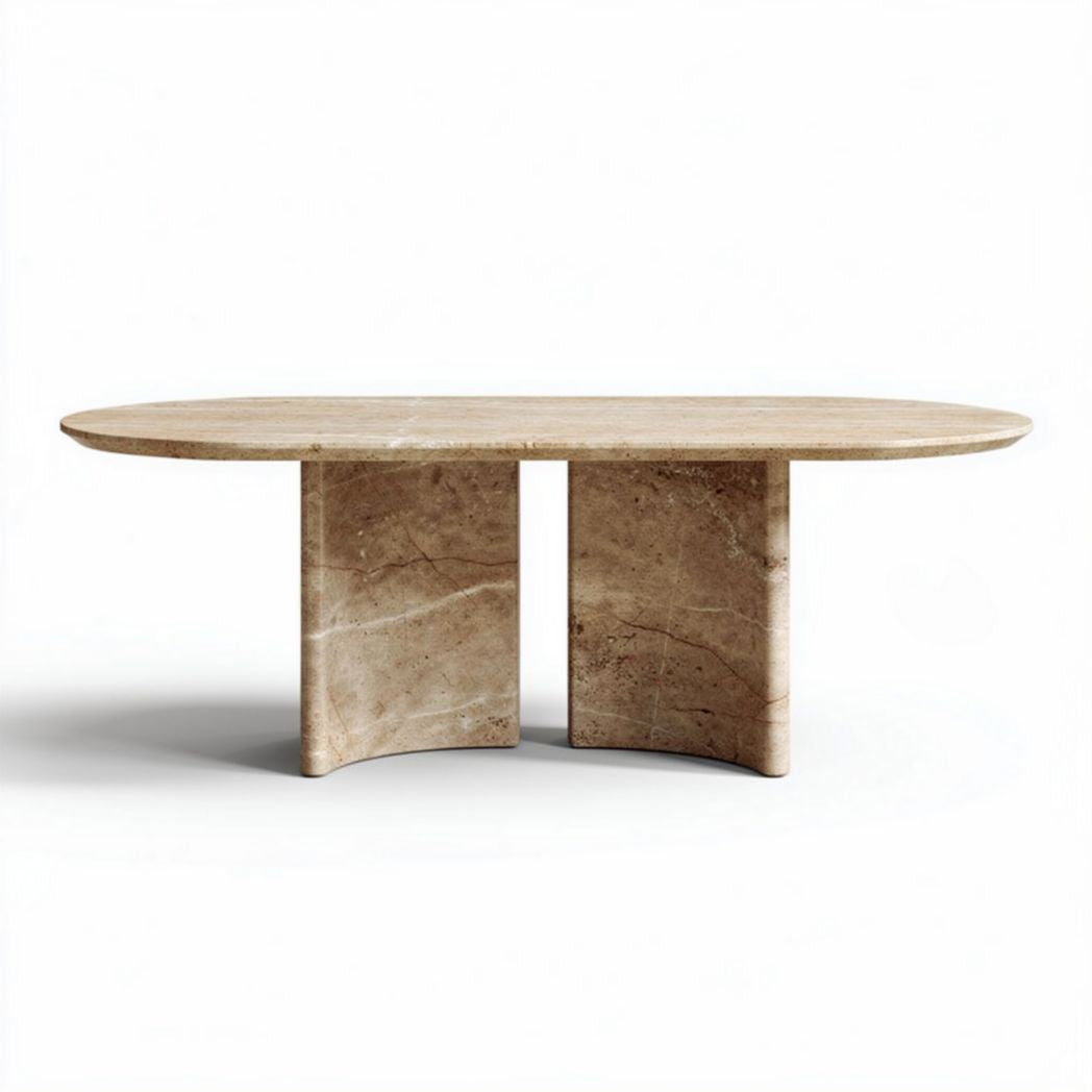 Marble oval dining table with sturdy base in natural beige color 200 x 100 x 75cm