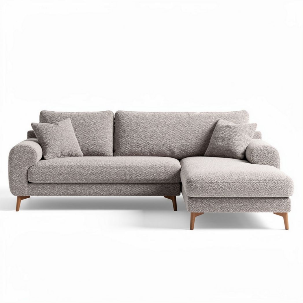 L-shaped sectional sofa in light gray fabric with wooden legs 200 x 80 x 90cm